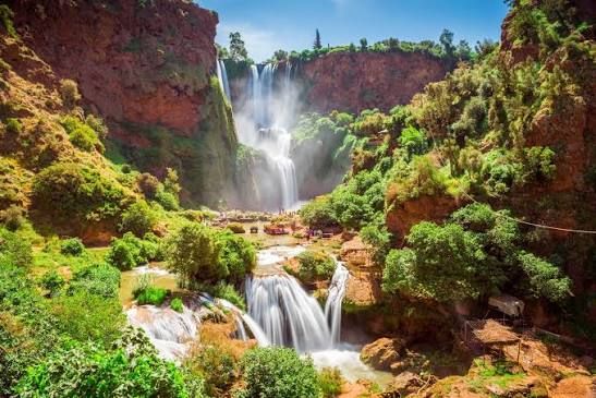 The Ouzoud falls framed by green vegetation and red rock