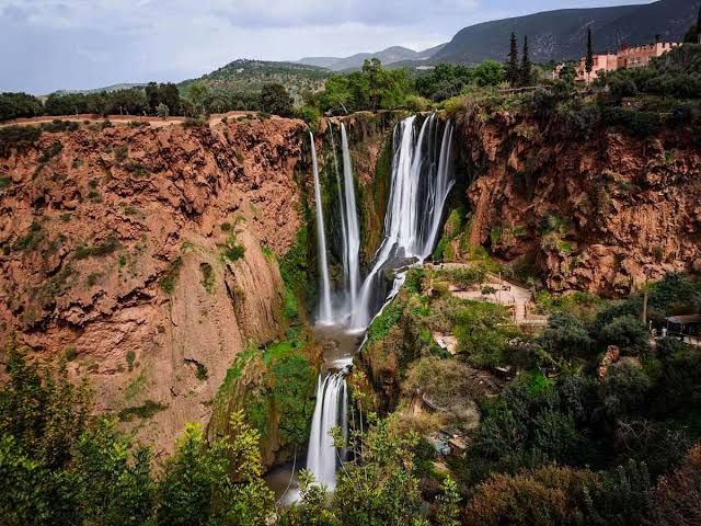 The Ouzoud Waterfalls seen from the viewpoint at the top of the gorge