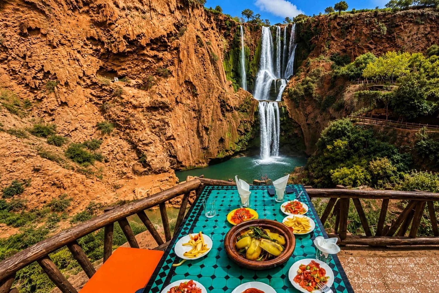 Moroccan lunch with tagine and salads on a terrace facing the Ouzoud falls