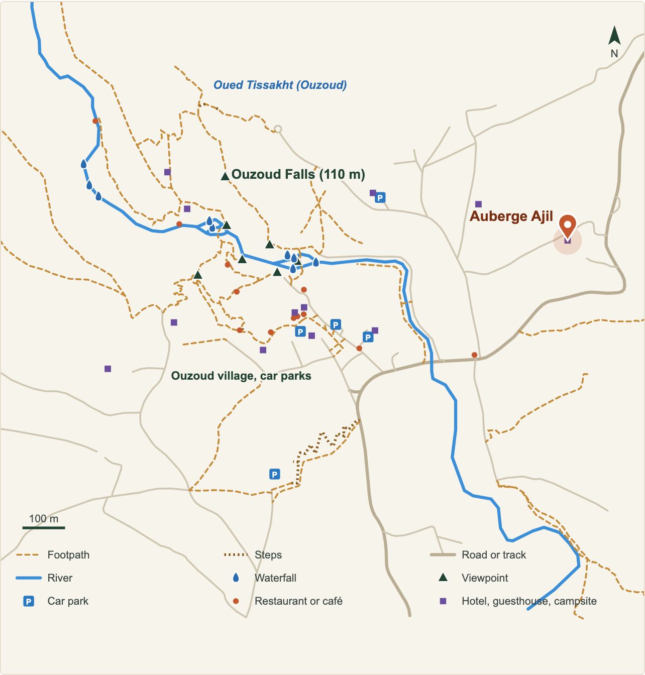 Map of the Ouzoud Waterfalls with the location of Auberge Ajil (OpenStreetMap data)