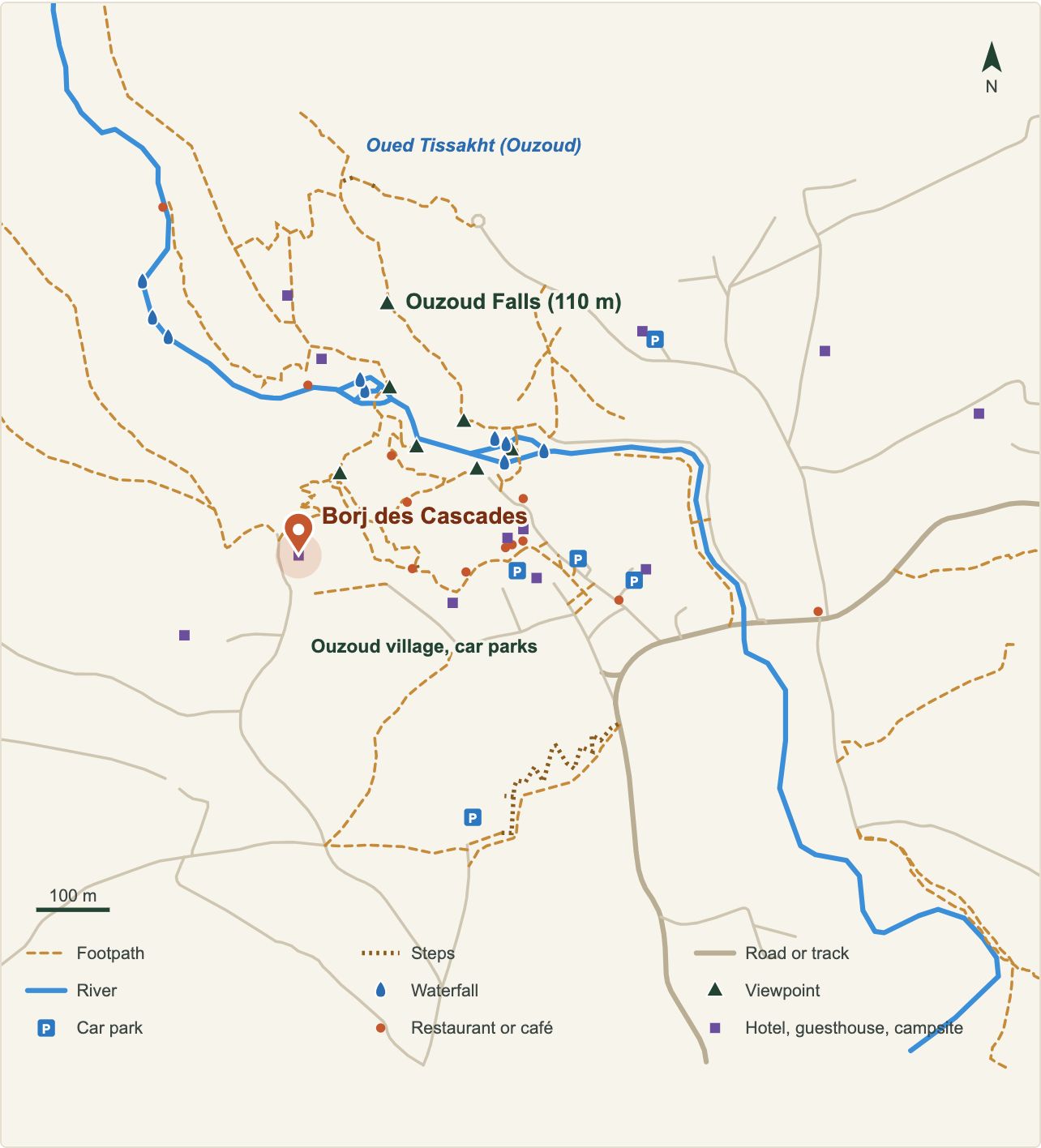 Plan des cascades d'Ouzoud avec l'emplacement de Borj des Cascades (données OpenStreetMap)