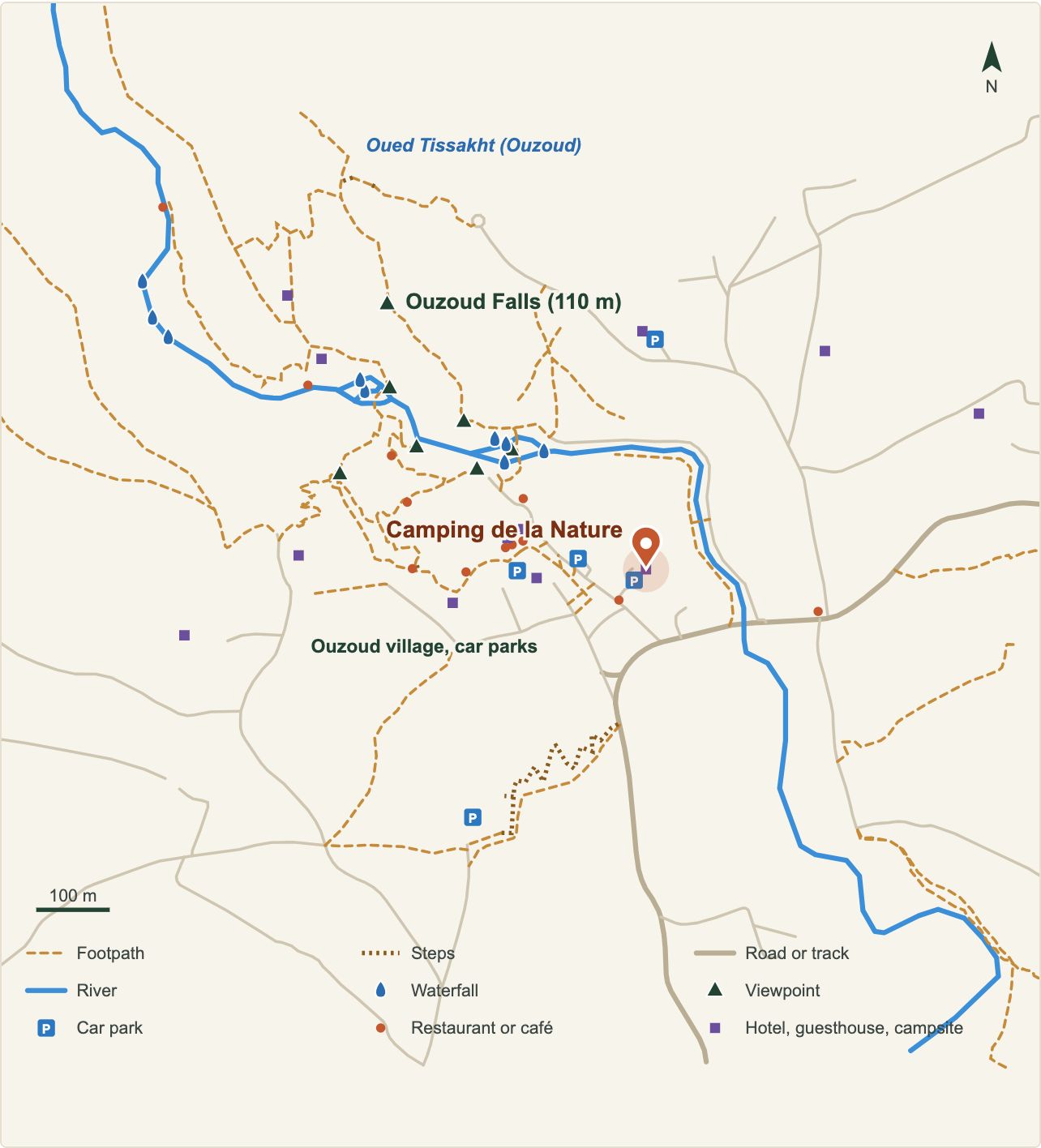 Plan des cascades d'Ouzoud avec l'emplacement de Camping de la Nature (données OpenStreetMap)