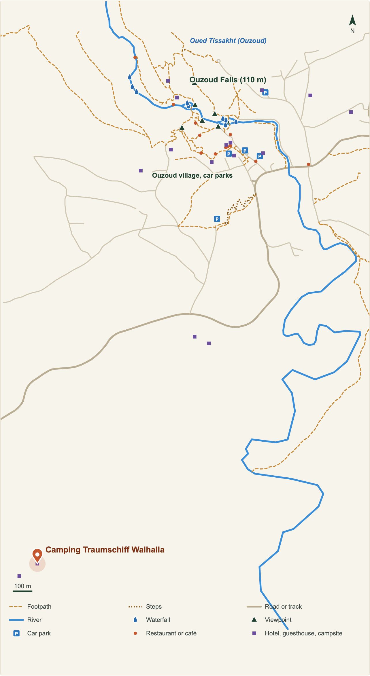 Map of the Ouzoud Waterfalls with the location of Camping Traumschiff Walhalla (OpenStreetMap data)