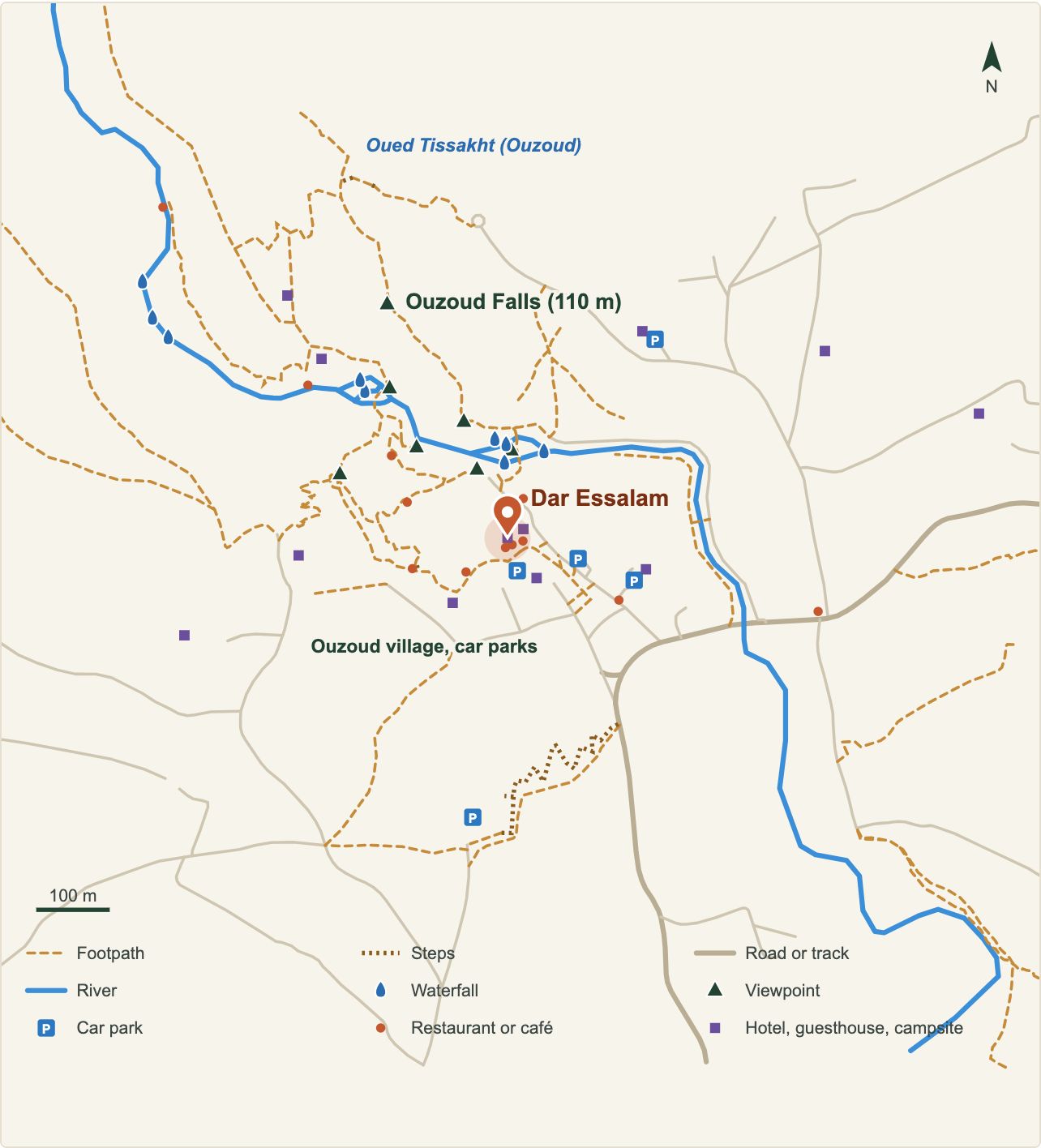 Plan des cascades d'Ouzoud avec l'emplacement de Dar Essalam (données OpenStreetMap)