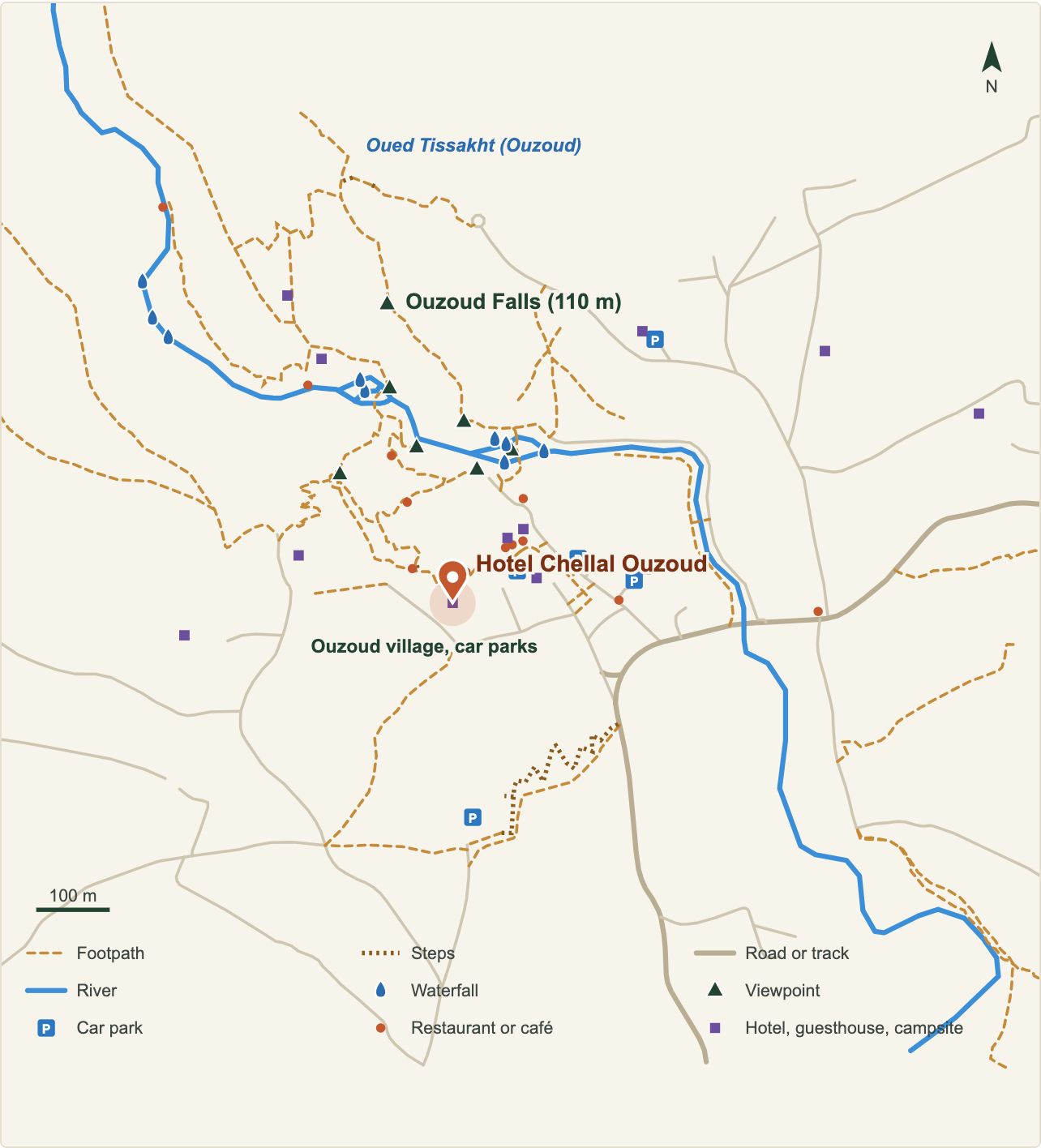 Map of the Ouzoud Waterfalls with the location of Hotel Chellal Ouzoud (OpenStreetMap data)