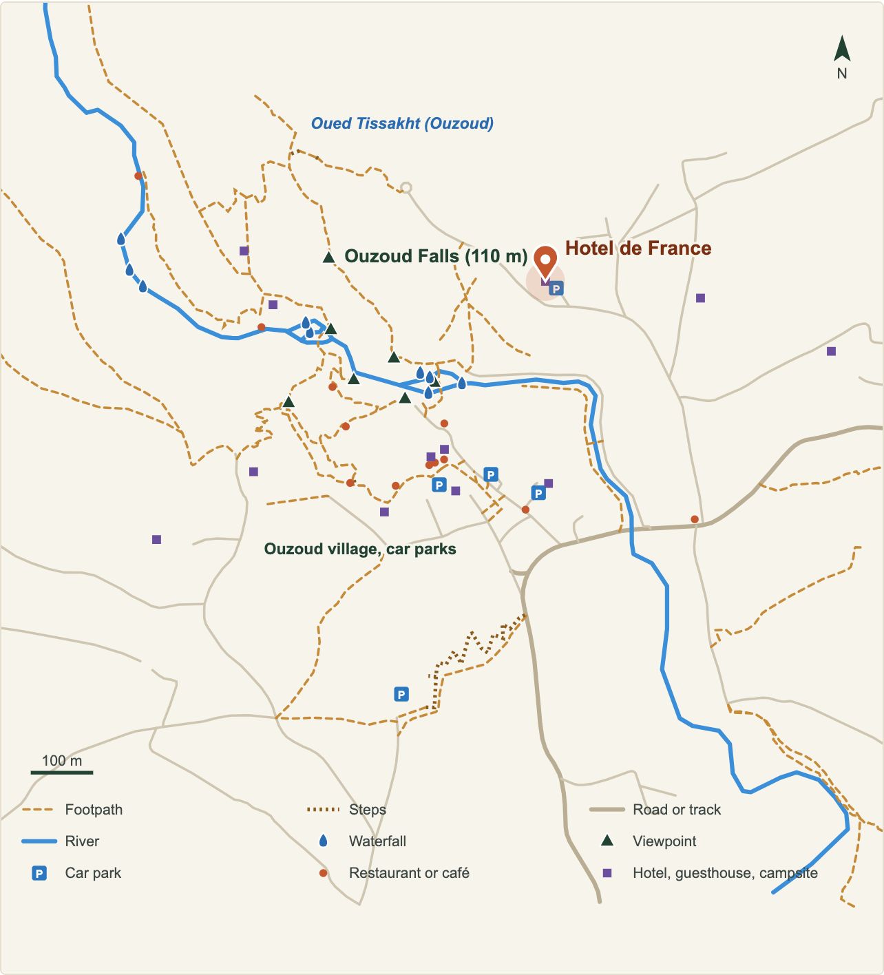 Map of the Ouzoud Waterfalls with the location of Hotel de France (OpenStreetMap data)
