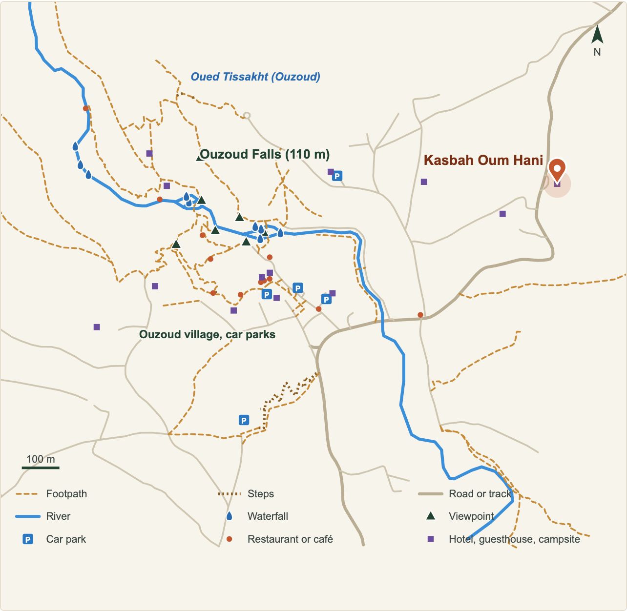 Map of the Ouzoud Waterfalls with the location of Kasbah Oum Hani (OpenStreetMap data)