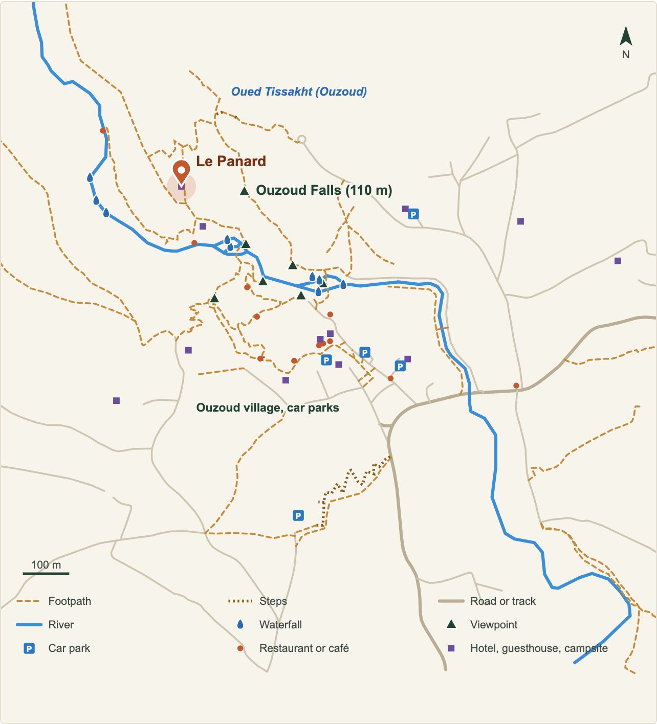 Plan des cascades d'Ouzoud avec l'emplacement de Le Panard (données OpenStreetMap)