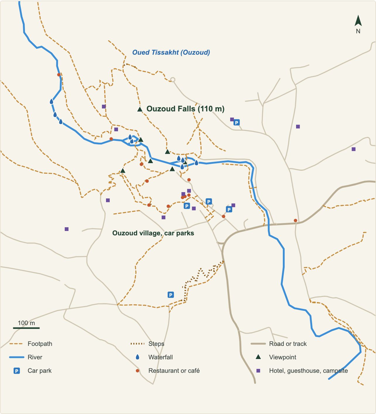 Map of the Ouzoud Waterfalls with paths, viewpoints, car parks and accommodation (OpenStreetMap data)
