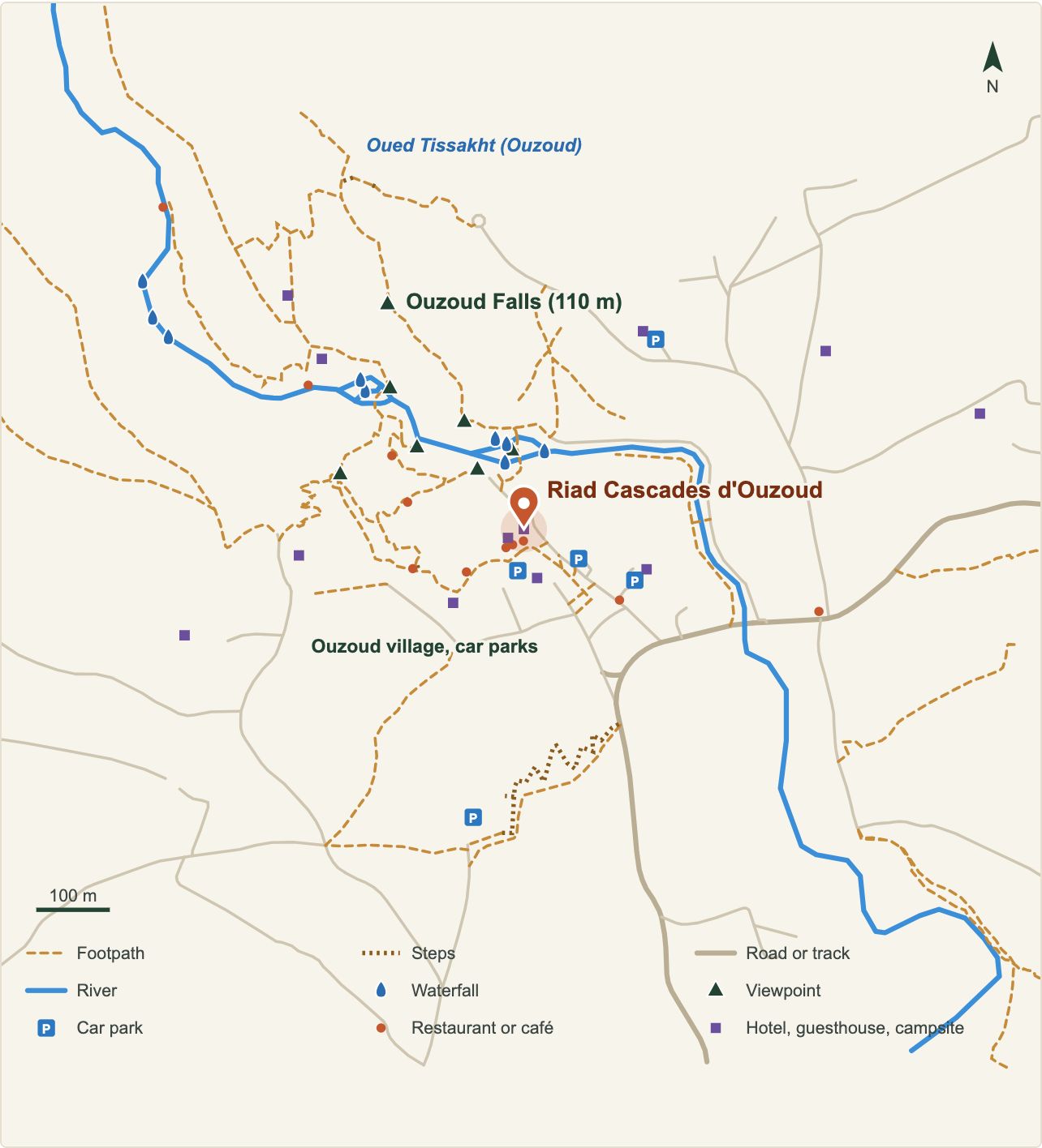 Plan des cascades d'Ouzoud avec l'emplacement de Riad Cascades d'Ouzoud (données OpenStreetMap)