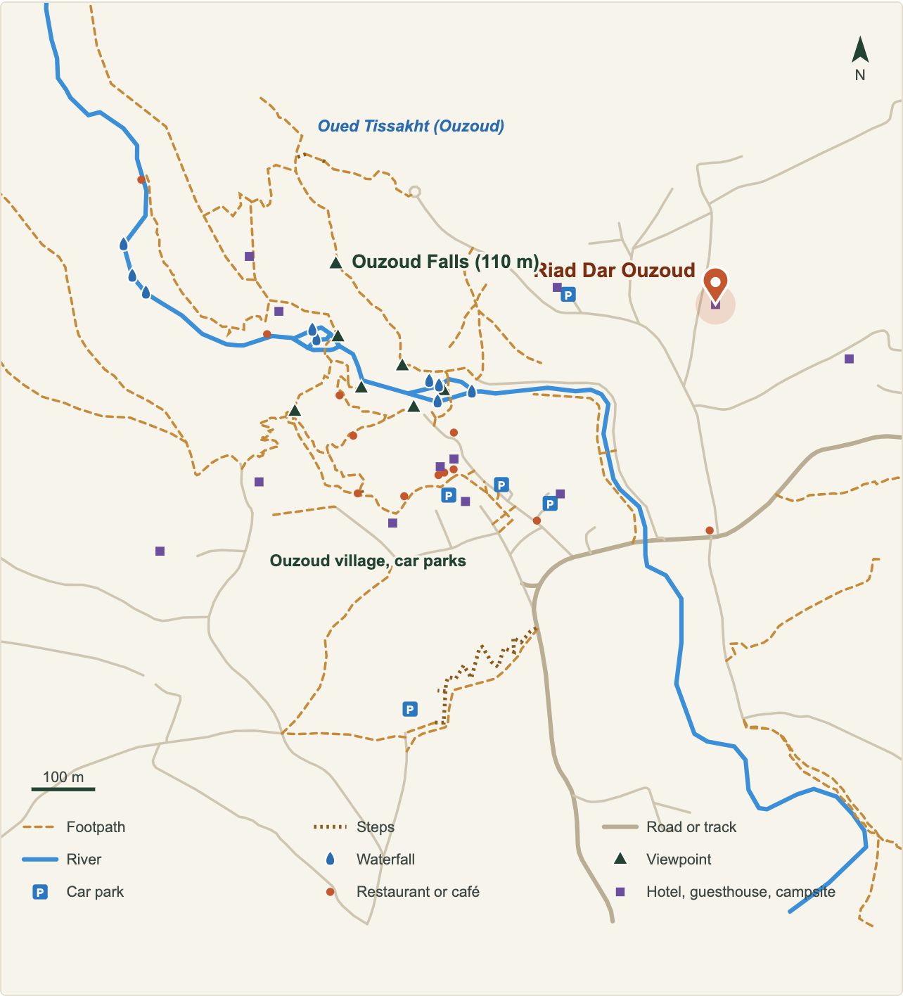 Map of the Ouzoud Waterfalls with the location of Riad Dar Ouzoud (OpenStreetMap data)