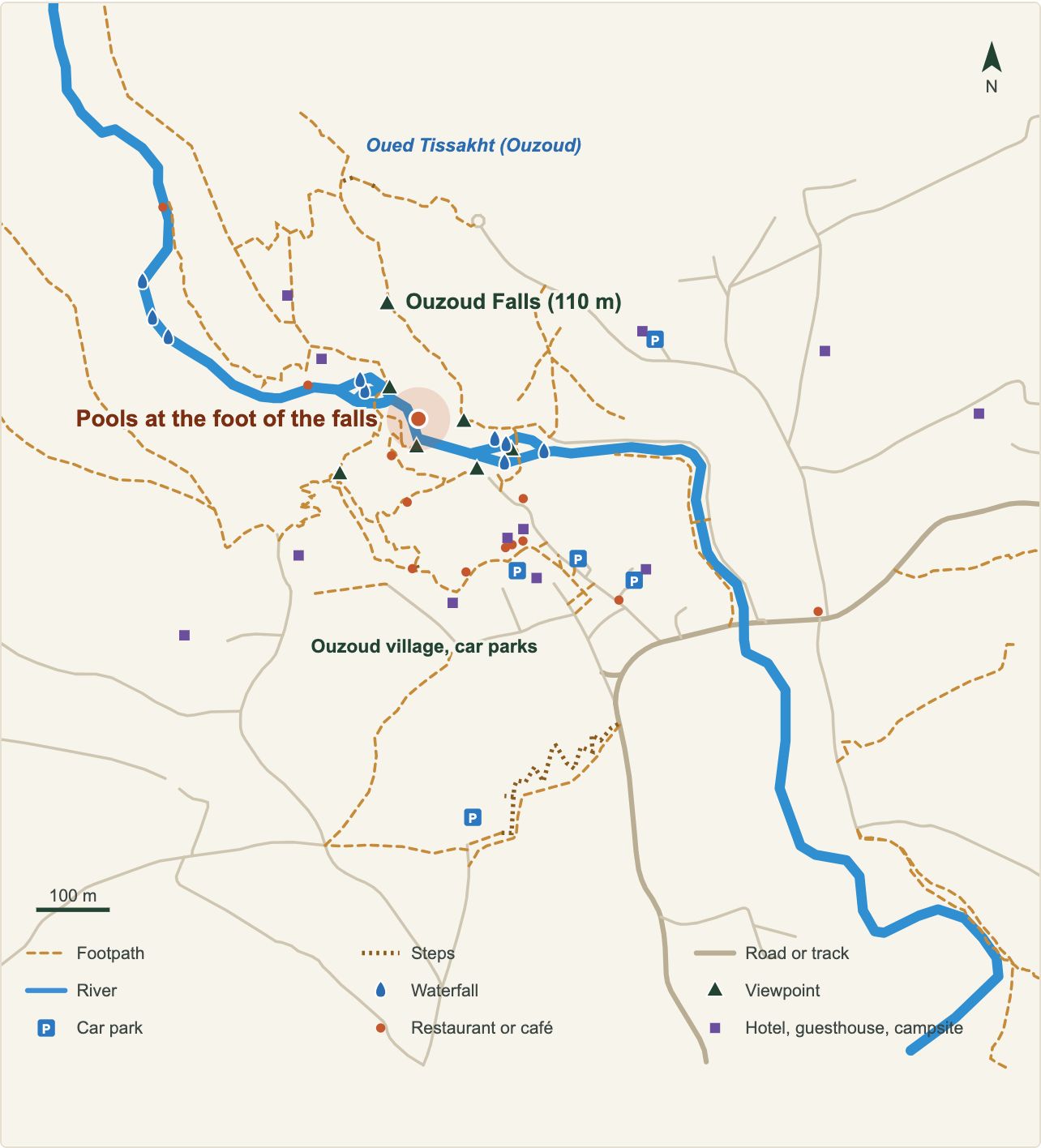 Map of the river and the pools at the foot of the Ouzoud Waterfalls (OpenStreetMap data)