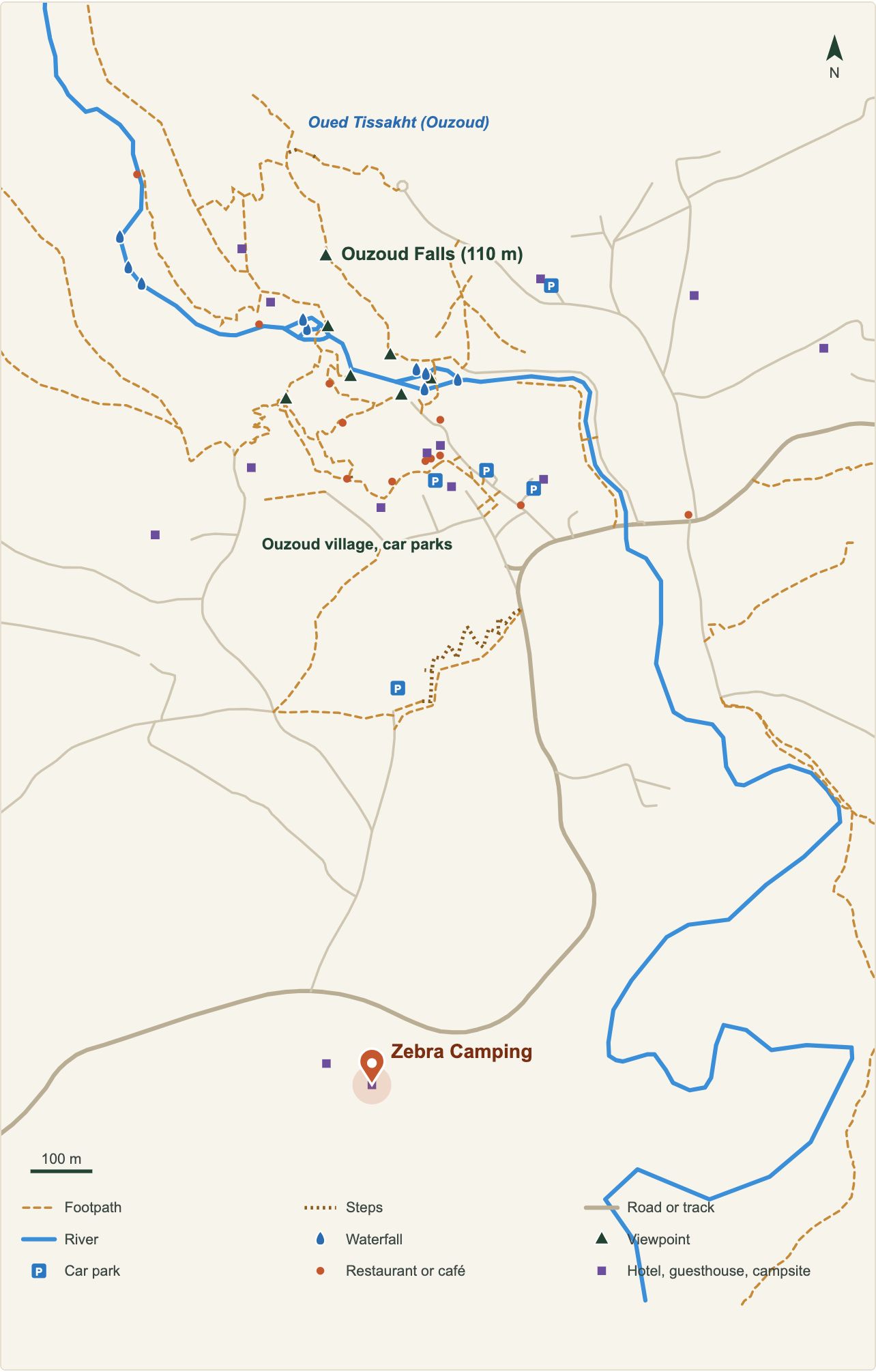 Map of the Ouzoud Waterfalls with the location of Zebra Camping (OpenStreetMap data)