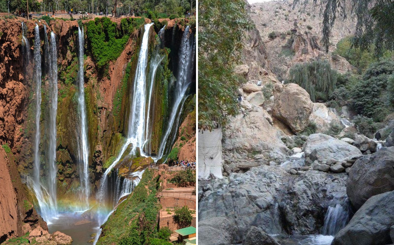 Side by side: the 110 m Ouzoud Waterfalls (left) and the rocky stream below Setti Fatma in the Ourika Valley (right)