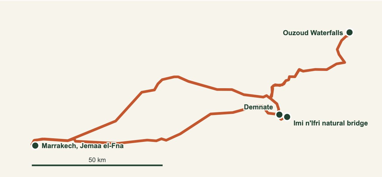 Carte de l'itinéraire de Marrakech aux cascades d'Ouzoud par Demnate et le pont naturel d'Imi n'Ifri (OSRM, données OpenStreetMap)